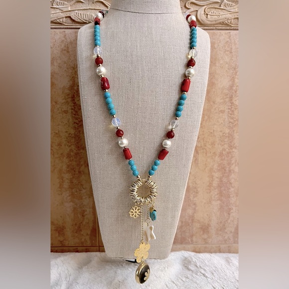 Artisan handmade turquoise and red jasper long necklace - Picture 1 of 7